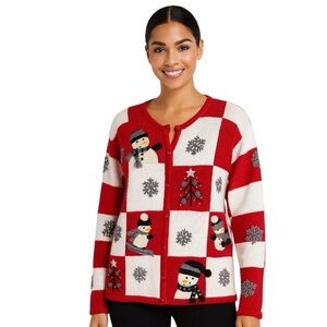 Vintage Marisa Christina Sweater Christmas Red Checkered Knit Cardigan Size XL
